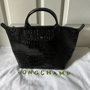 Longchamp Medium Le Pliage Cuir Croco Top Handle Black Bag